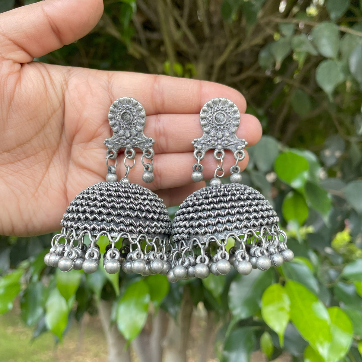 Silver Oxidised Round Jhumkas Jewels and Stones India