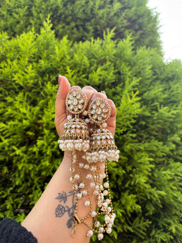 Ira White Earrings with Detachable Hair Chain