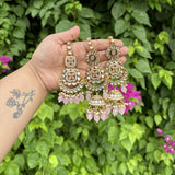 Meher Earrings with Earchain & Mang tikka Set (Baby Pink)