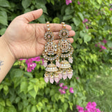 Meher Earrings with Earchain & Mang tikka Set (Baby Pink)