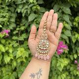 Meher Earrings with Earchain & Mang tikka Set (Baby Pink)