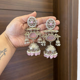 Zahra Silver Jhumkas (Baby Pink)