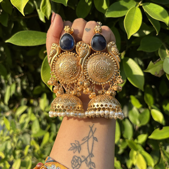Sitara Brass Jhumkas (Blue)