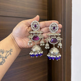 Zahra Silver Jhumkas (Blue-Purple)