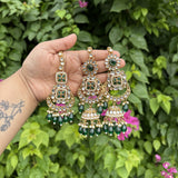 Meher Earrings with Earchain & Mang tikka Set (Dark Green)