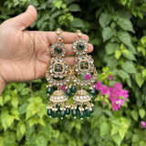 Meher Earrings with Earchain & Mang tikka Set (Dark Green)