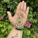 Meher Earrings with Earchain & Mang tikka Set (Dark Green)