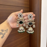Zahra Silver Jhumkas (Dark Green)