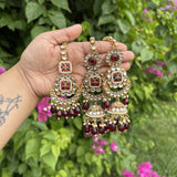 Meher Earrings with Earchain & Mang tikka Set (Maroon)