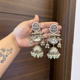 Zahra Silver Jhumkas (Pista Green)