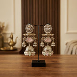 Zahra Silver Jhumkas (Pink-Green)