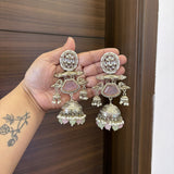 Zahra Silver Jhumkas (Pink-Green)