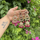 Meher Earrings with Earchain & Mang tikka Set (Pink)