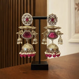 Zahra Silver Jhumkas (Rani-Pink)