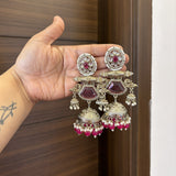 Zahra Silver Jhumkas (Rani-Pink)