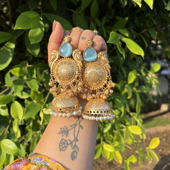 Sitara Brass Jhumkas (Sky Blue)