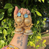Sitara Brass Jhumkas (Sky Blue)