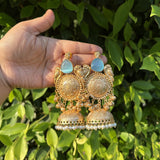 Sitara Brass Jhumkas (Sky Blue)